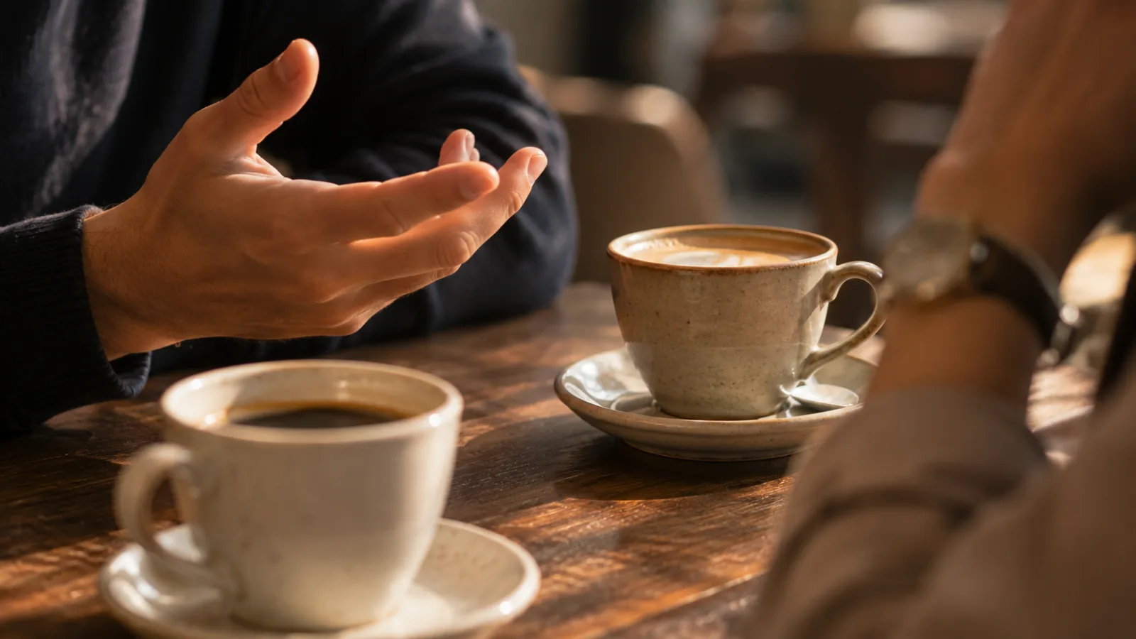 会話中のテーブルに置かれた2つのコーヒーカップ