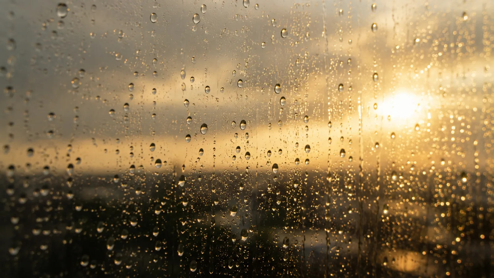 窓ガラスの雨粒と差し込む光