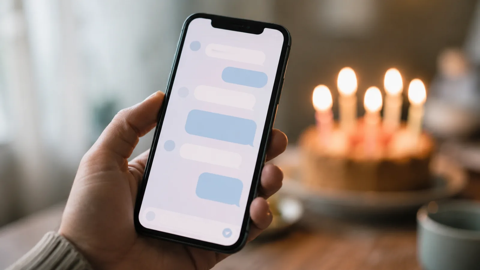 誕生日メッセージのチャット画面を表示したスマートフォン